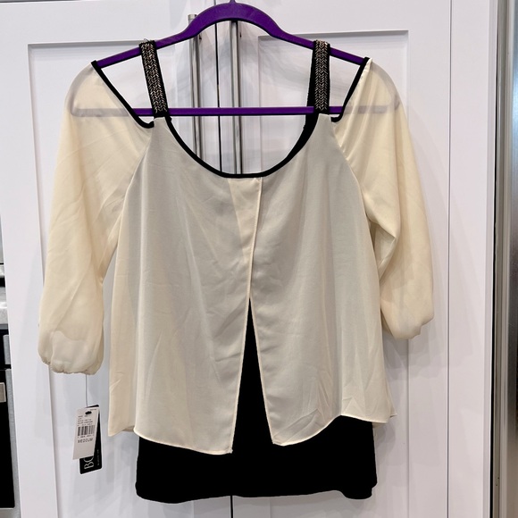 BCX Champagne and Black Beaded Strap Cold Shoulder Top - Picture 7 of 8